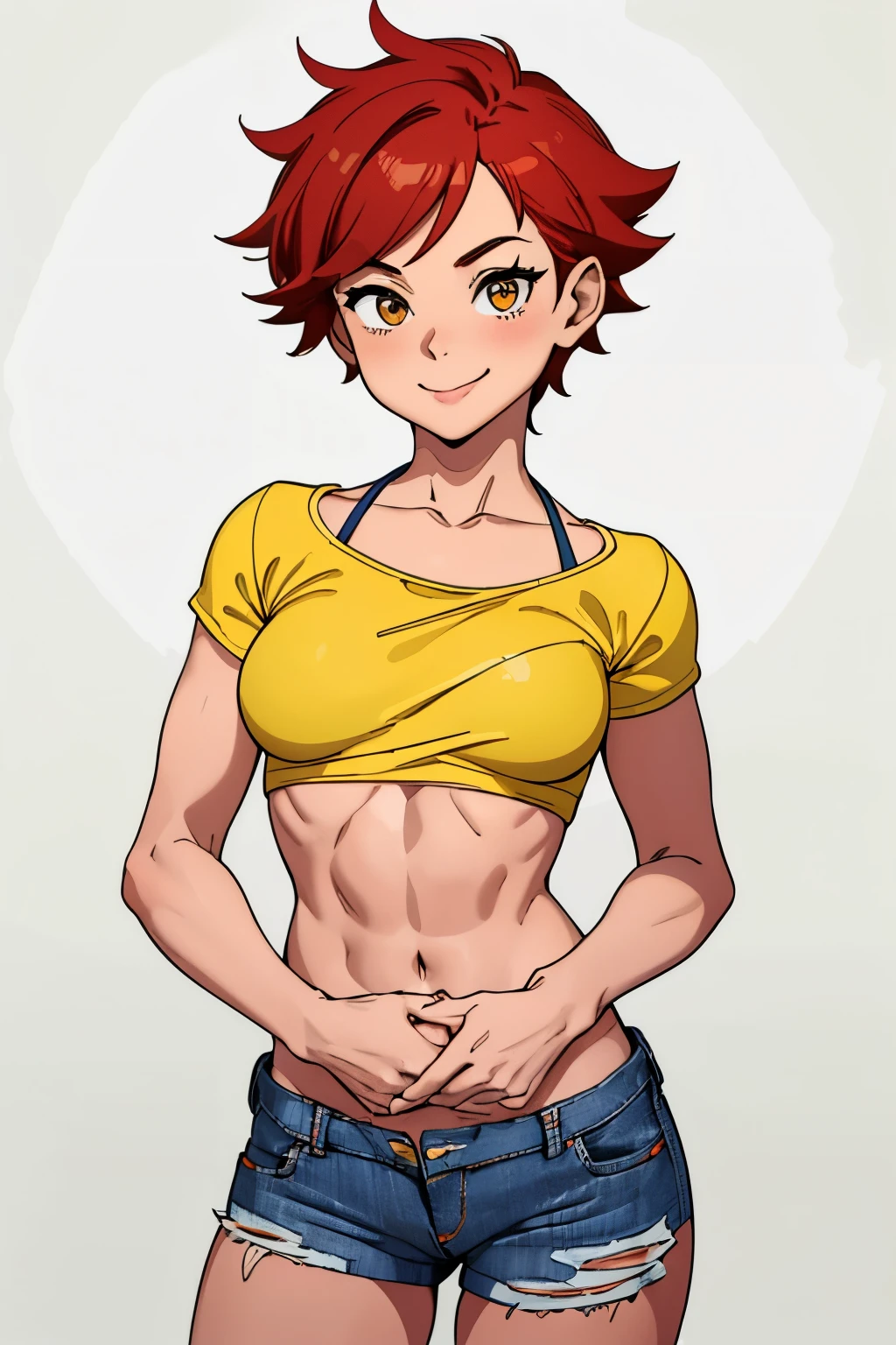  misty from pokemon futanari, armpit_hair, hairy pubic hair leading to belly button, score_9, flaccid_cock, abs, denim shorts, orange hair, hairy anus, foreskin, dripping_precum, armpit_peek, armpit sex, standing