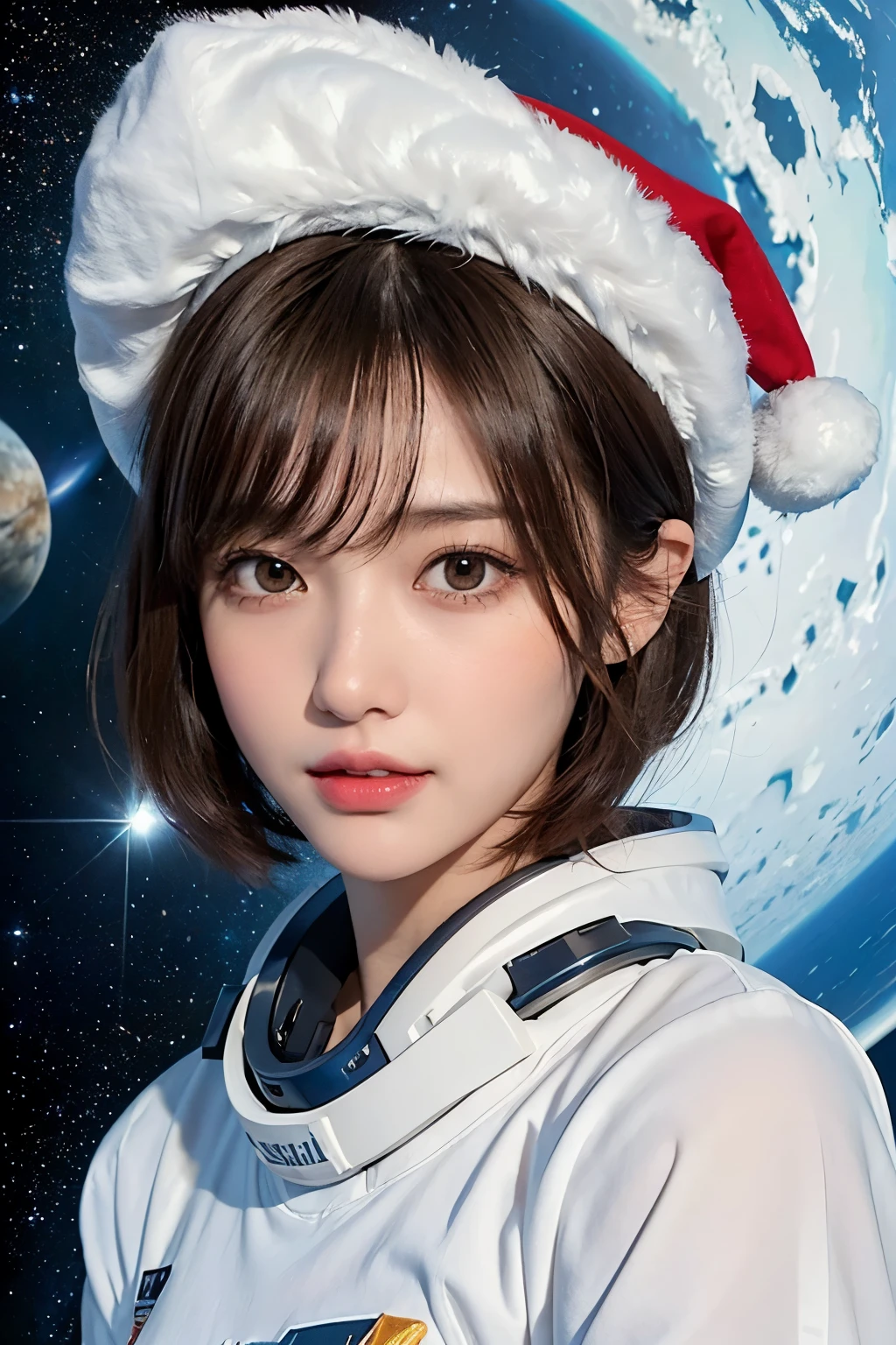 top-quality、​masterpiece、超A high resolution、(realisitic:1.4)、Beautuful Women１、Beautiful detail eyes and skin、ssmile、Light brown short-cut hair、The perfect spacesuit、cosmic space、spaceships、santa hat、