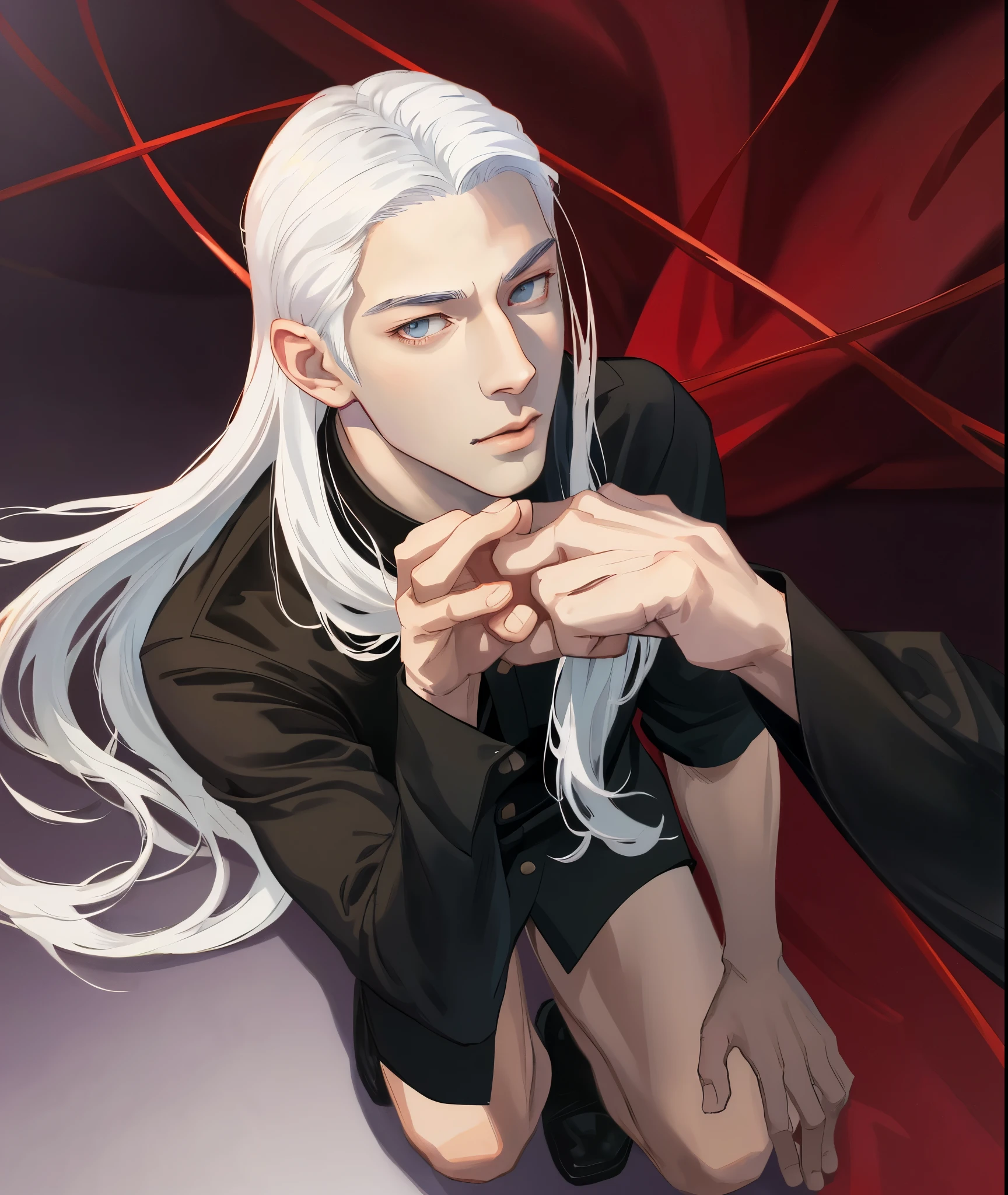 ( A man stands on one knee.)) kisses the hand, ((((HE with white long hair.)))) there is a man with white hair and a black shirt, inspired by INO, Handsome Saitama, high quality fanart, realistic art style, artwork in the style of guweiz, anime realism style, based on Ito Ogura Yonesuke, handsome anime pose, smooth anime cg art, High Quality Portrait, highly detailed exquisite fanart