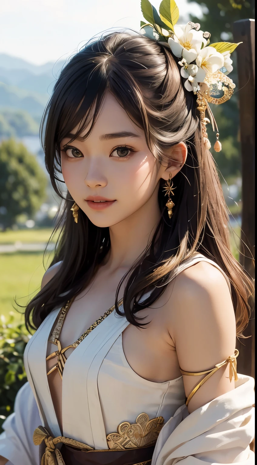 beautiful girl in a primitive costume made of hemp, upper body, (front face:1.2), (front view:1.3), photo, an extremely delicate and beautiful, extremely detailed, Amazing, extremely detailed skin, (18 years old:1.2), cute girl, famous Japanese idol, kawaii, fair skin, shiny skin, chin thin, smile, cute, young, extremely detailed nose, extremely detailed mouth, cute face, realistic face, beautiful views, elegant atmosphere