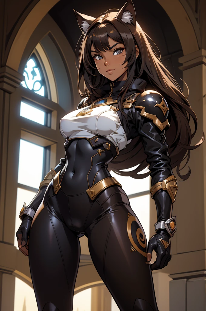 beautiful young female warrior fighter with cat ears on her head, com rosto bem detalhado e bonito, belos olhos, belos olhos, rosto lindo, beautiful young woman wearing long brown leggings with black details, sueter apertado branco, standing in a castle, usando bota preta, cabelo comprido com franja preto, ,orelhas de gato, belo sorriso, tomboy, um pouco musculosa,suter branco com cinta em volta, olhar serio,usando jaqueta de couro apertado preto, com ombreiras de prata nos ombros