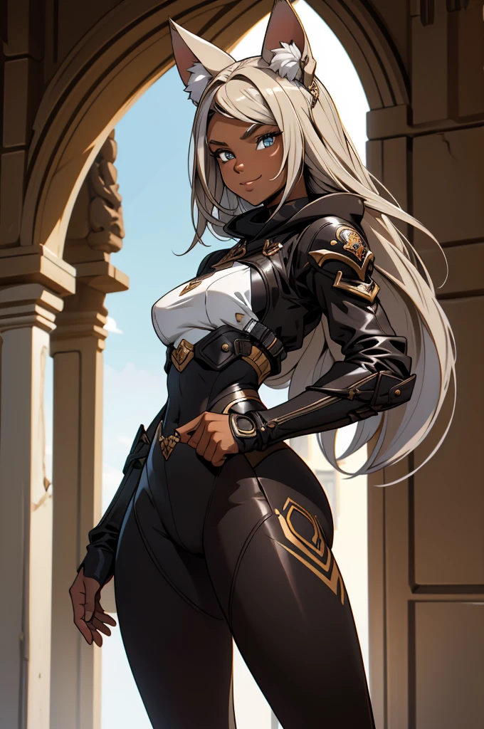 beautiful young female warrior fighter with cat ears on her head, com rosto bem detalhado e bonito, belos olhos, belos olhos, rosto lindo, beautiful young woman wearing long brown leggings with black details, sueter apertado branco, standing in a castle, usando bota preta, cabelo comprido com franja preto, ,orelhas de gato, belo sorriso, tomboy, um pouco musculosa,suter branco com cinta em volta, olhar serio,usando jaqueta de couro apertado preto, com ombreiras de prata nos ombros