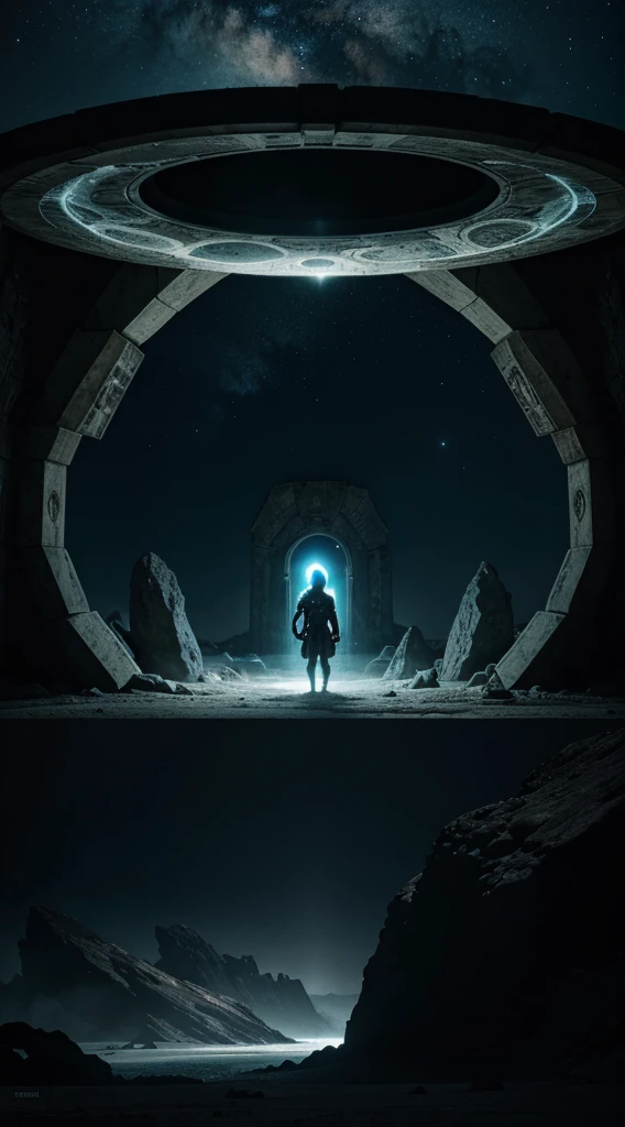 A mythological being guarding a portal to another world in an alien landscape.