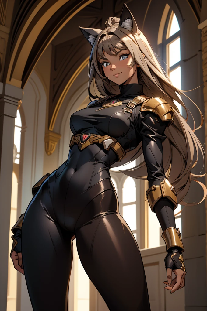 beautiful young female warrior fighter with cat ears on her head, com rosto bem detalhado e bonito, belos olhos, belos olhos, rosto lindo, beautiful young woman wearing long brown leggings with black details, sueter apertado branco, standing in a castle, usando bota preta, cabelo comprido com franja preto, ,orelhas de gato, belo sorriso, tomboy, um pouco musculosa,suter branco com cinta em volta, olhar serio,usando jaqueta de couro apertado preto, com ombreiras de prata nos ombros