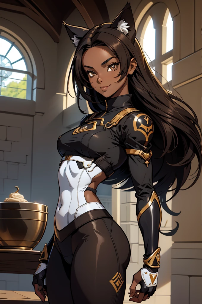 beautiful young female warrior fighter with cat ears on her head, com rosto bem detalhado e bonito, belos olhos, belos olhos, rosto lindo, beautiful young woman wearing long brown leggings with black details, sueter apertado branco, standing in a castle, usando bota preta, cabelo comprido com franja preto, ,orelhas de gato, belo sorriso, tomboy, um pouco musculosa,suter branco com cinta em volta, olhar serio,usando jaqueta de couro apertado preto, com ombreiras de prata nos ombros