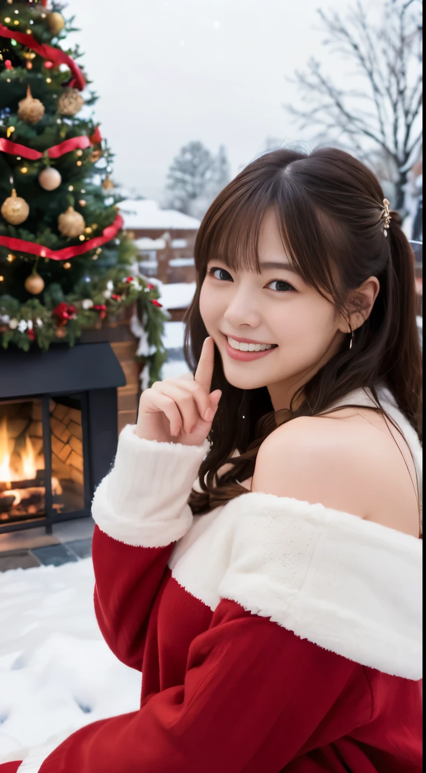 (Best Quality,4K,hight resolution,masutepiece:1.2),Realistic,Christmas,girl (18year old),Hugging a big teddy bear,stuffed animal,Wear warm clothes,Snow falling in the background,Winter wonderland,Joyful expression,Magical atmosphere,Soft lighting,Vivid colors,Happiness,laught,Welcoming environment,Warmth,Smiling eyes,Curly hair,Shimmering decoration,Twinkling lights,toy train set,wrapped present,Rooftop with Santa Claus and reindeer flying in the distance,magic snowflake,オーナメント付きのChristmasツリー,log cabin,curl up near the fireplace,hot chocolate with marshmallows,Peace and quiet,Excitement and anticipation,Snowy landscape,childhood innocence,Enchanted moments,Playful laughter,Upholstered stockings,Holiday spirit,love and togetherness.thighs thighs thighs thighs、off shoulders