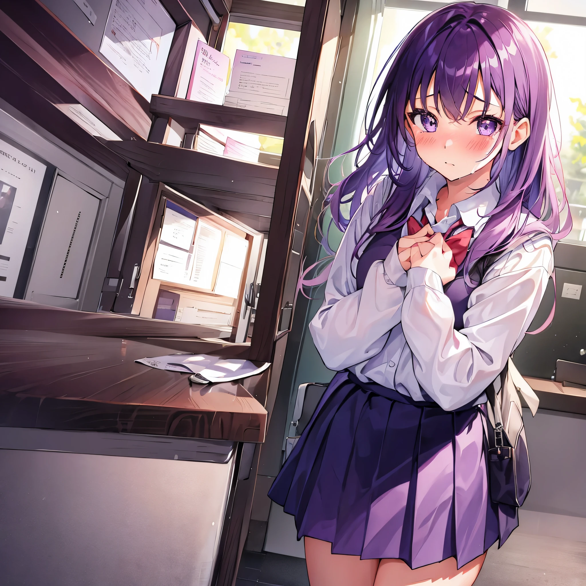 1girl, schoolgirl, classroom, purple eyes, purple hair, crying eyes, holding books, awkward, blush, HD