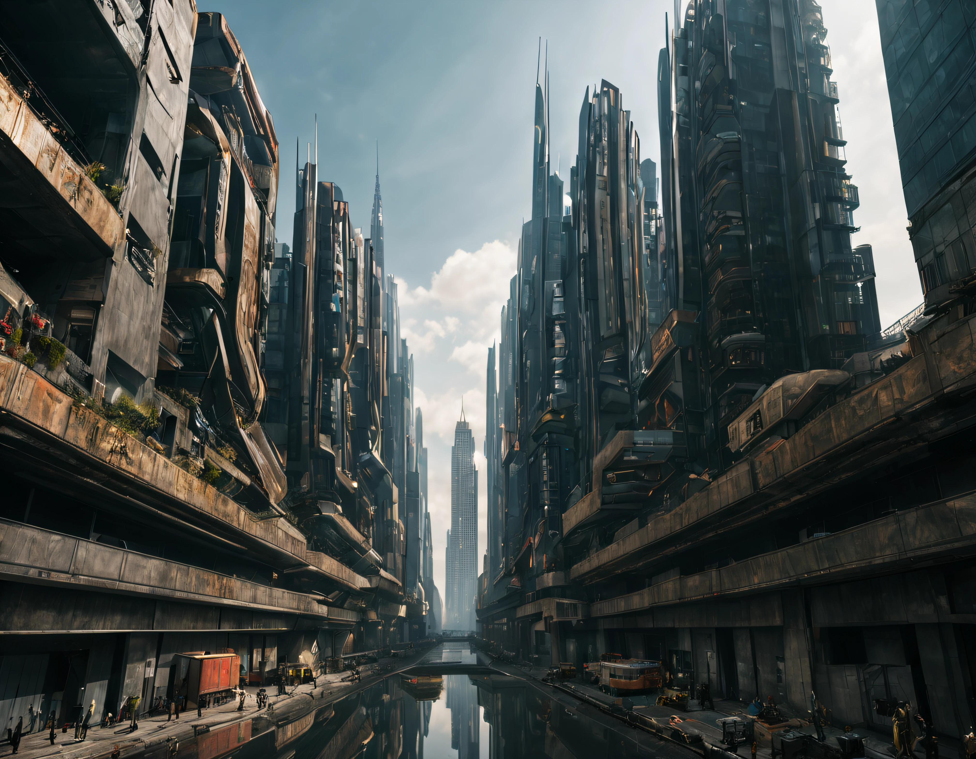 la ciudad de megacity de la pelicula juez dredd, with high-tech design , edificios de metal y cristal, autopistas cruzandolos, de una inmensidad impresionante, con el empleo de oro , plata y bronce en su construccion, realmente impresionante a la vista,  imagen bien definida con muchos edificios juntos. imagen nitida bien definida 8k. los edificios llegan alta el fondo.,8k. imagen cinematografica