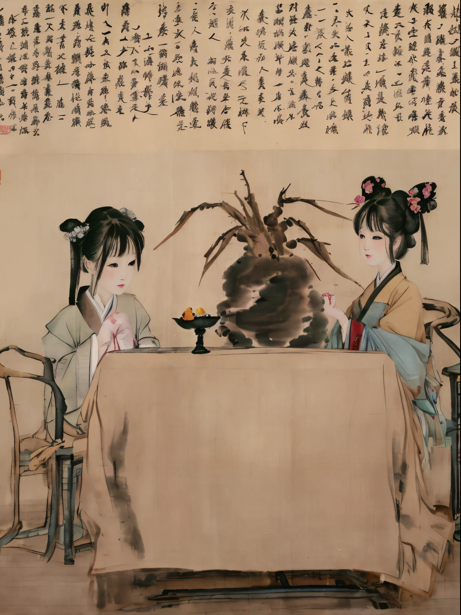 a close up of a full colour painting of people in a landscape, ancient chinese beauties, qing dynasty painting, by Wang Lü, su fu, mu pan, by Lü Ji, song dynasty, ancient china art style, chinese painting, robed figures sat around a table, by Wang Hui, by Yun Du-seo, old chines painting, traditional chinese painting, holding a cat,