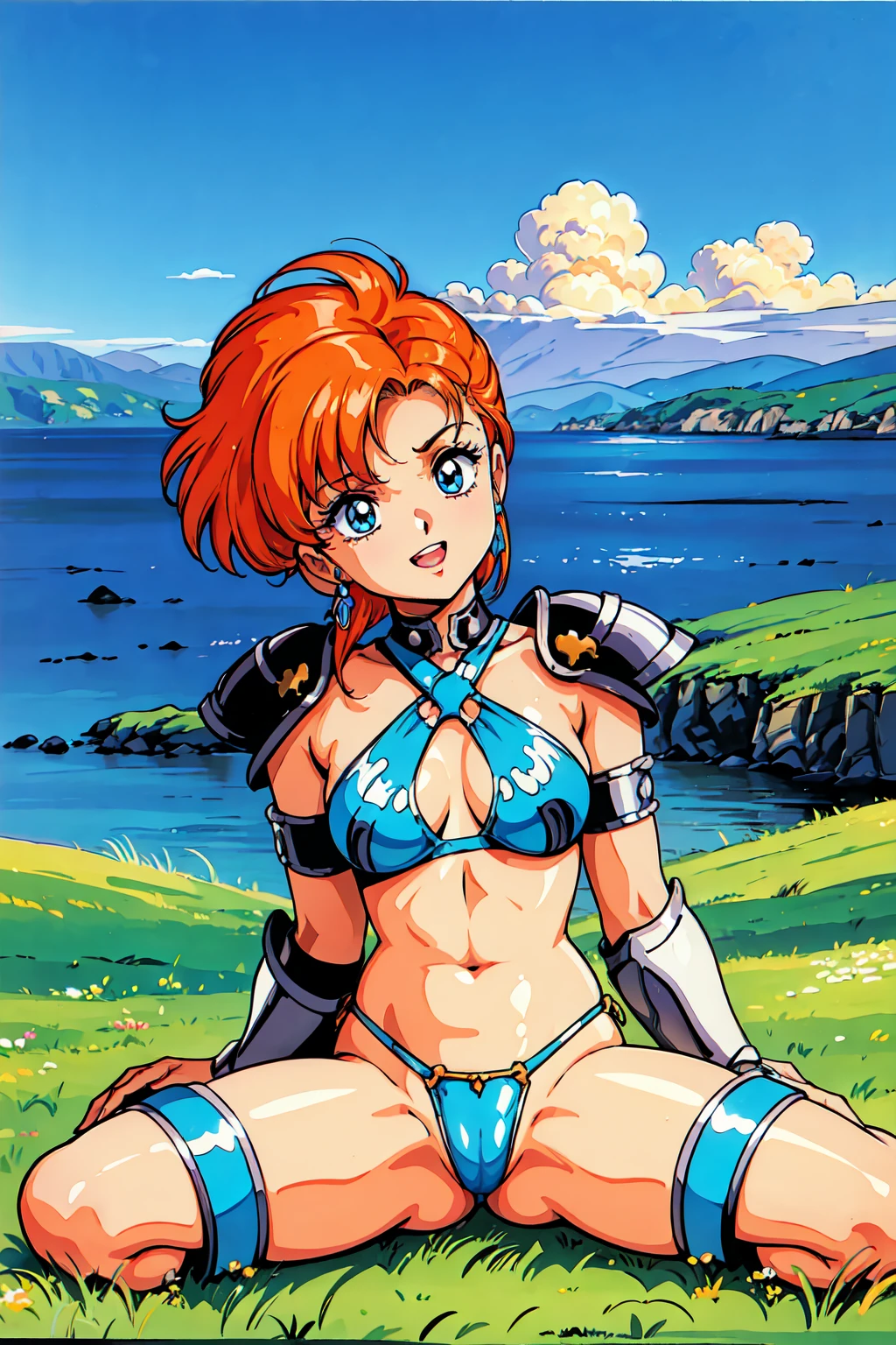 "(masterpiece:1.1), best quality,
1girl, (traditional media 80s:1.4), (eyelashes:1.5), (:1.2),
(intricate high detailed body:1.2),
(orange hair:1.1), (forehead, hair slicked back:1.2), (medium hair, two side up:1.2), (animal ears:1.1),
blue eyes,
(medium breasts:1.1),
(grin:1.2), open mouth,
(bikini armor, criss-cross halter:1.2), (knight armor, armored boots:1.2),
(earrings:1.1), collar,
(sitting, spread legs:1.1),
(cowboy shot, cameltoe:1.1),
(daytime, grassland, outdoors:1.1)"