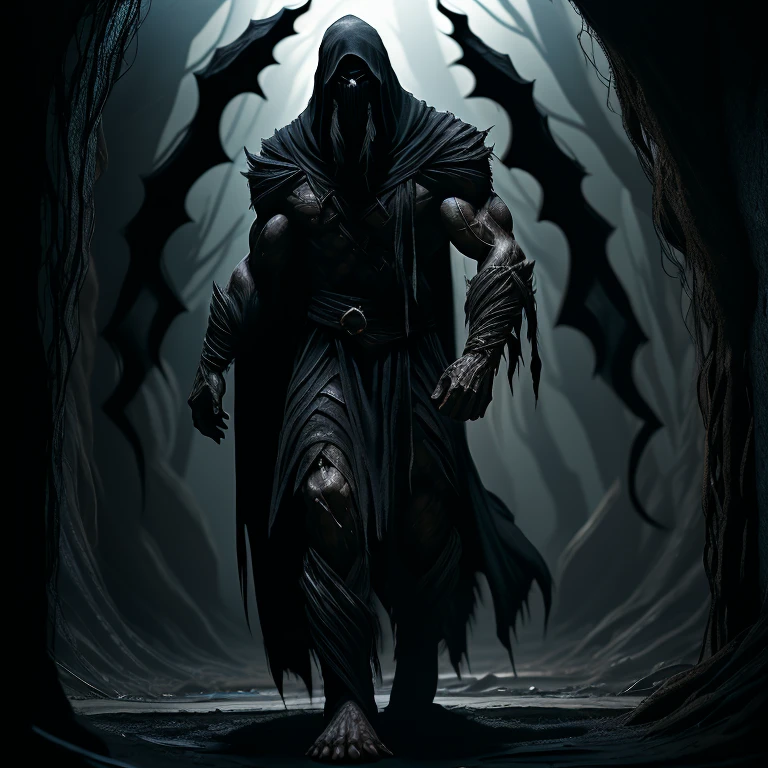 "A 3D rendering of Vorunar, a mysterious 7.5-foot figure with an ethereal presence. very Long limbs. Very Muscular. Draped in dark, tattered robes, his commanding build defies ordinary nimbleness. Hooded and masked, only bright, glowing yellowish irises intermittently visible. An unsettling, enigmatic air intensifies, leaving an enduring impression on those who discern his haunting elegance in the shadows."