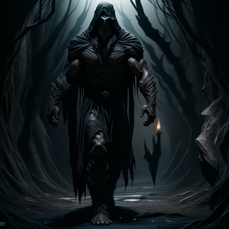 "A 3D rendering of Vorunar, a mysterious 7.5-foot figure with an ethereal presence. very Long limbs. Very Muscular. Draped in dark, tattered robes, his commanding build defies ordinary nimbleness. Hooded and masked, only bright, glowing yellowish irises intermittently visible. An unsettling, enigmatic air intensifies, leaving an enduring impression on those who discern his haunting elegance in the shadows."