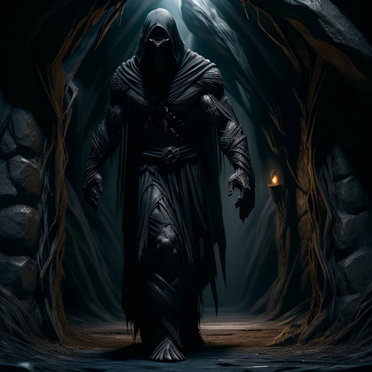 "A 3D rendering of Vorunar, a mysterious 7.5-foot figure with an ethereal presence. very Long limbs. Very Muscular. Draped in dark, tattered robes, his commanding build defies ordinary nimbleness. Hooded and masked, only bright, glowing yellowish irises intermittently visible. An unsettling, enigmatic air intensifies, leaving an enduring impression on those who discern his haunting elegance in the shadows."