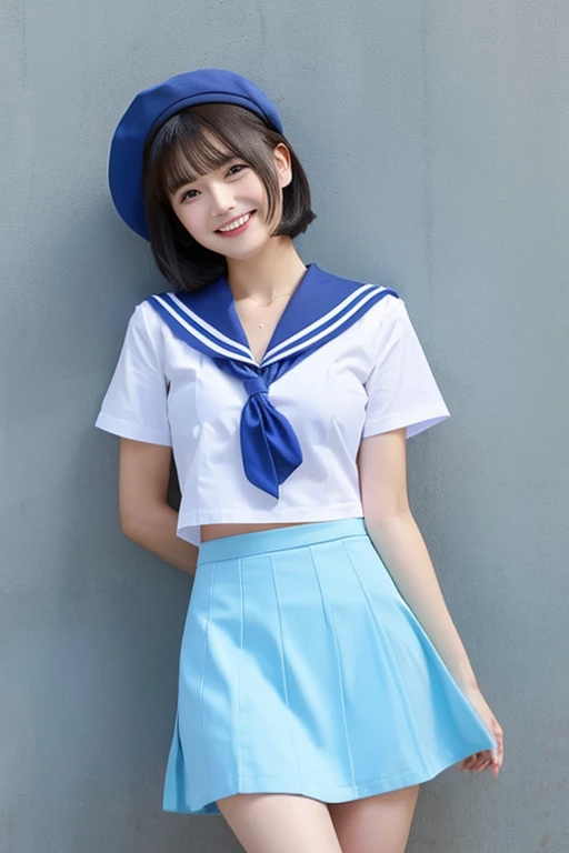 real 18 year old woman、a smile、Light blue sailor suit、Light blue skirt、White panties、(Skirt flips up)、Short black hair、soio、hight resolution、top-quality