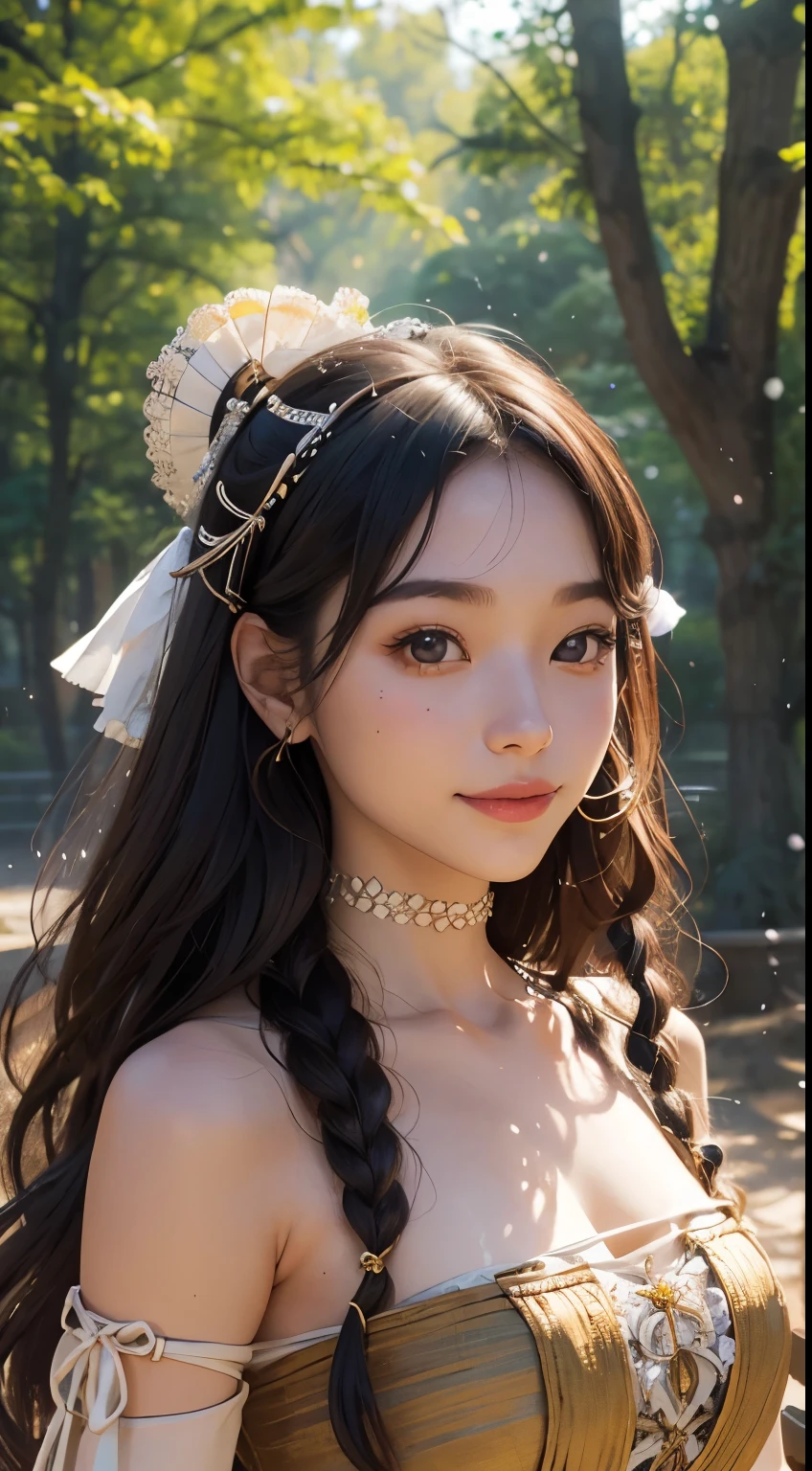 beautiful girl in a primitive costume made of hemp, upper body, (front face:1.2), (front view:1.3), photo, an extremely delicate and beautiful, extremely detailed, Amazing, extremely detailed skin, (18 years old:1.2), cute girl, famous Japanese idol, kawaii, fair skin, shiny skin, chin thin, smile, cute, young, extremely detailed nose, extremely detailed mouth, cute face, realistic face, beautiful views, elegant atmosphere, Magnificent landscape, outdoors