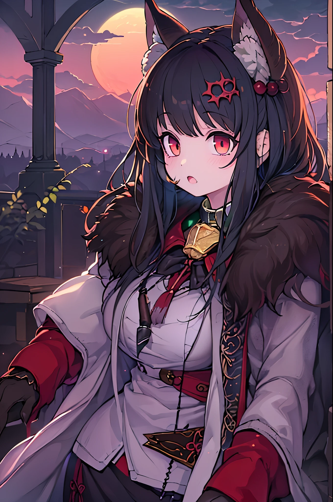 A style that does not make you starve, masutepiece, Best Quality, Ultra-detailed, Illustration, 1girl in, Black Long Hair, deep red eyes, Wolf ears, Black Mantle, Fluffy collar, Sunset