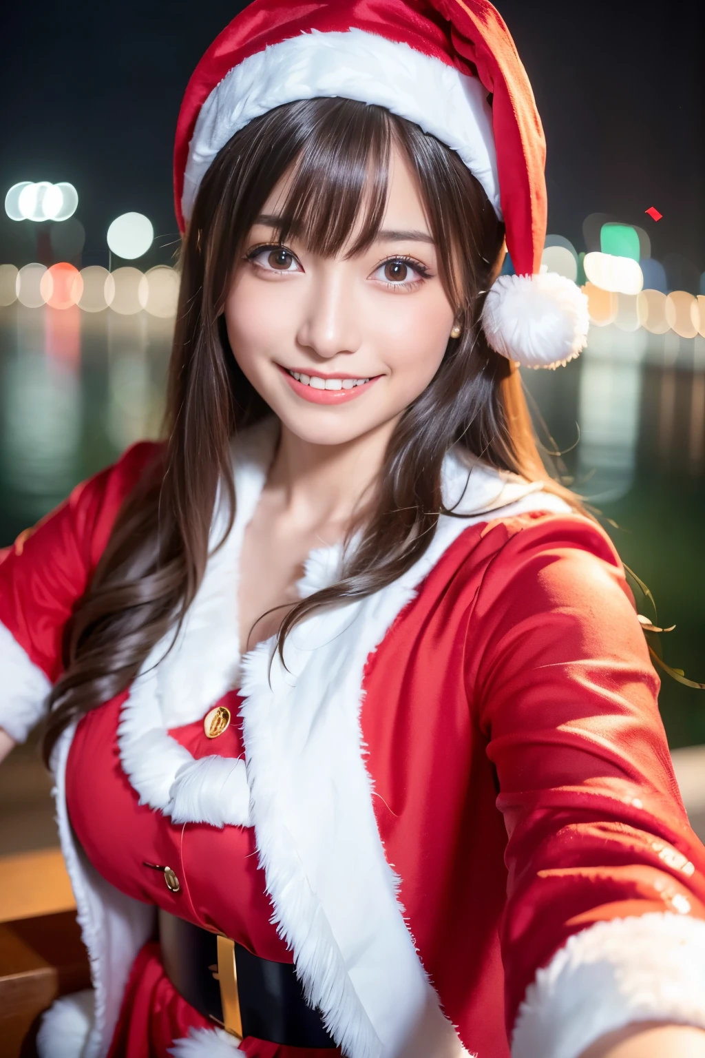 (Highly detailed CG Unity 8k wallpaper, top quality, ultra-detailed, high resolution, masterpiece, realistic, photorealistic:1.5), (cute Japanese girl), extremely detailed face, face focus, beautiful detailed eyes, eye focus, (detailed background:1.2), detailed clothes, super detailed skin, (wearing adorable Santa costume:1.5), (night city view background:1.5), midi wavy hair, brown hair, floating hair, medium breast, medium ass, (make up), (adorable smile:1.5), (POV:1.5),