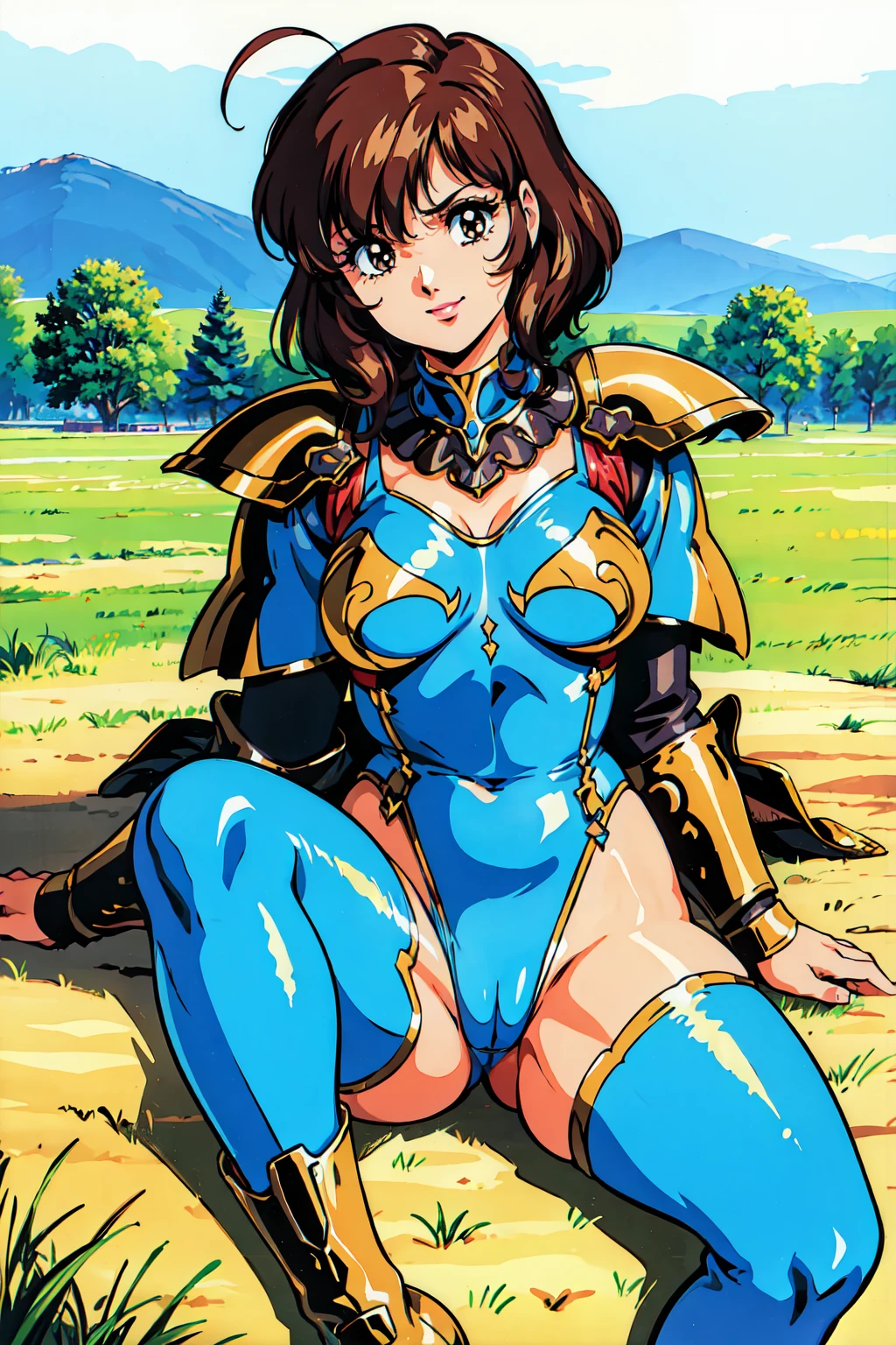 "(masterpiece:1.1), best quality,
1girl, (traditional media 80s:1.4), (eyelashes:1.5), (:1.2),
(intricate high detailed body:1.2),
(brown hair:1.1), (hair over one eye:1.1), (short hair, wavy hair:1.1), (hair ornament:1.1),
brown eyes, (lip stick:1.2),
(large breasts:1.1),
(angry, smile:1.2),
(leotard armor, pantyhose:1.2), (knight armor, armored boots:1.2),
(suspenders:1.1), (ahoge:1.2), collar,
(sitting, spread legs:1.1),
(cowboy shot, cameltoe:1.1),
(daytime, grassland, outdoors:1.1)"