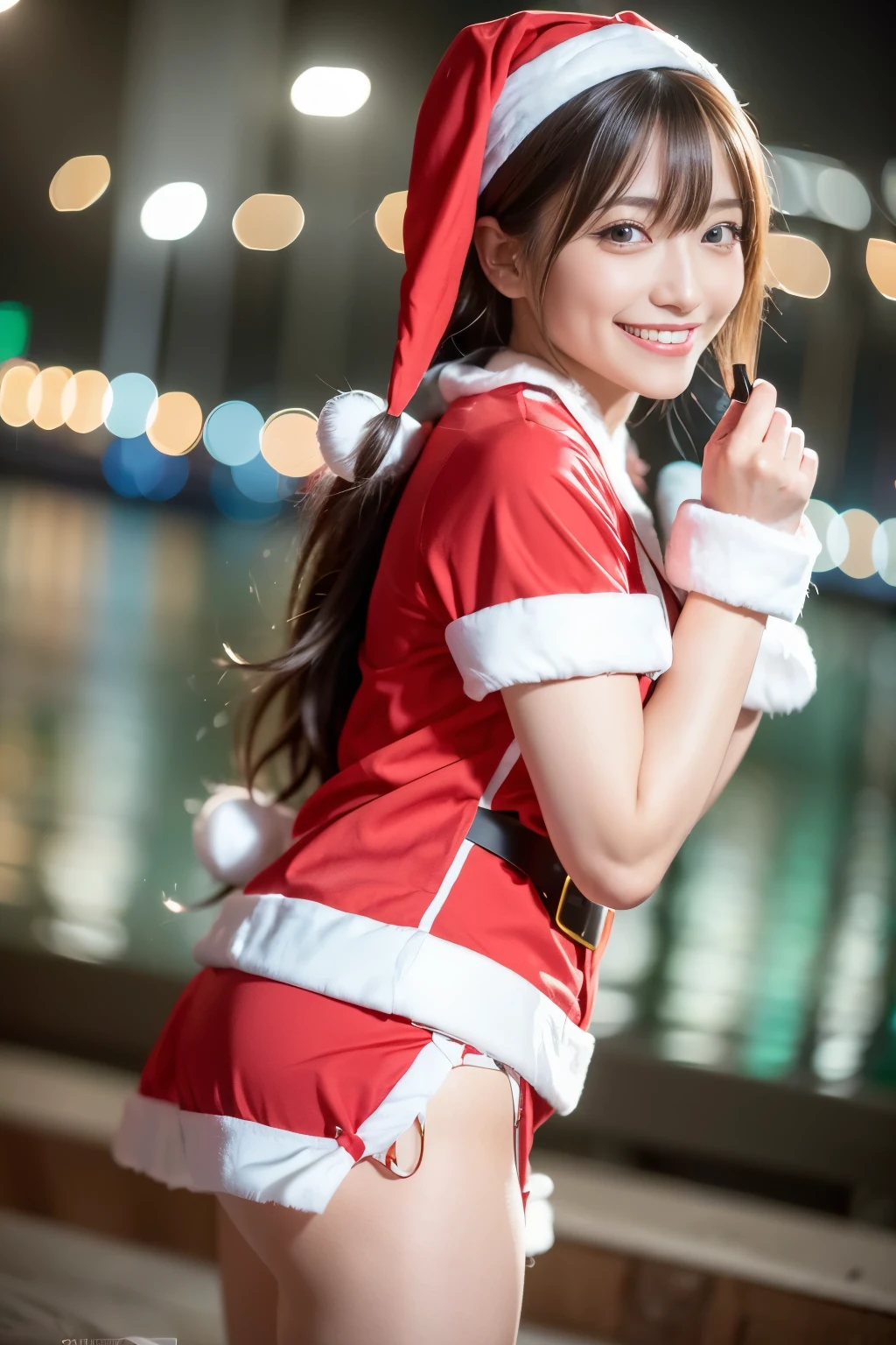 (Highly detailed CG Unity 8k wallpaper, top quality, ultra-detailed, high resolution, masterpiece, realistic, photorealistic:1.5), (cute Japanese girl), extremely detailed face, face focus, beautiful detailed eyes, eye focus, (detailed background:1.2), detailed clothes, super detailed skin, (wearing adorable Santa costume:1.5), (night city view background:1.5), midi wavy hair, brown hair, floating hair, medium breast, medium ass, (make up), (adorable smile:1.5), (POV:1.5),