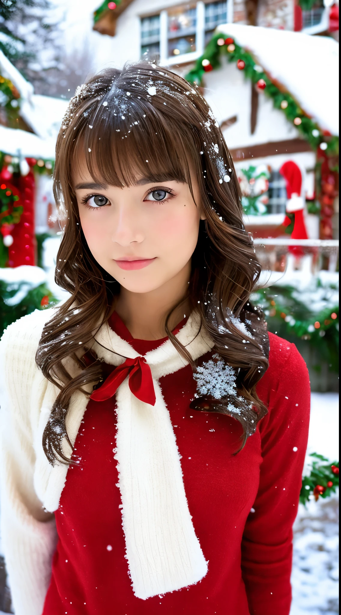Teen girl, y2k style outfit, 15 years old girl, brown fluffy hair with bangs, Emo Pin up Girl, Christmas chic outfit, Striking a pose, natural make up, skinny Christmas chic, fluffy hair, midshot,front of house full of snow, winter, snowball, snowfall, lovely Christmas atmosphere, Christmas atmosphere, lively Christmas atmosphere, centered image, good girl, innocent girl, skinny girl, young girl, Christmas chic and preppy concept, detailed background, upper image
