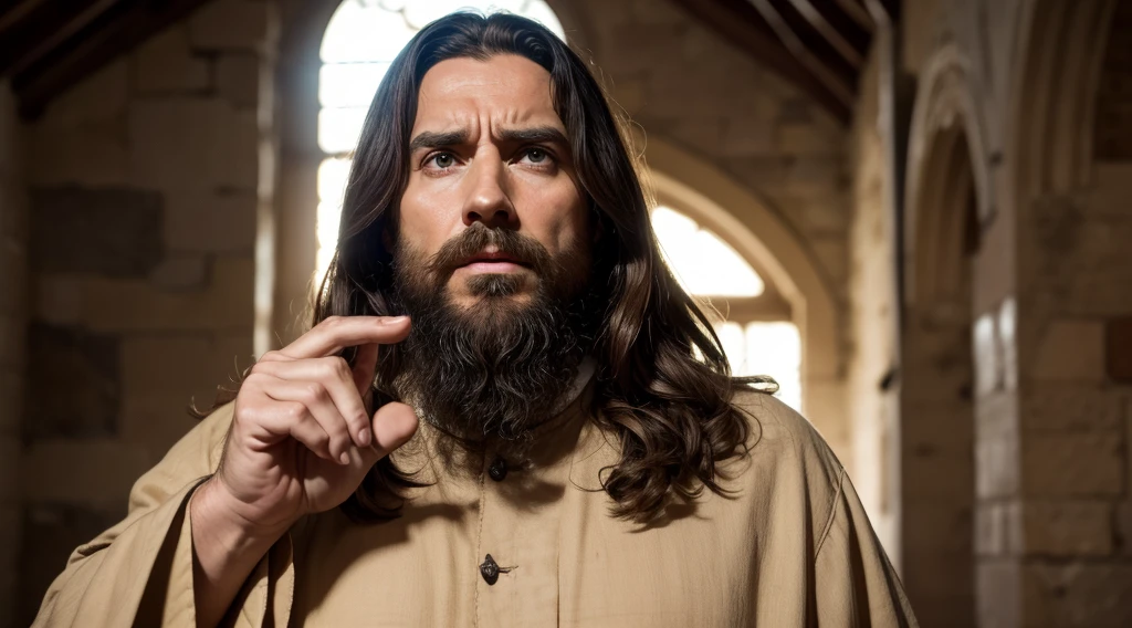 jesus christ with a beard and face, jesus christ sad and pointing at the wars in the world, he is shouting, jesus of nazareth, the lord and savior