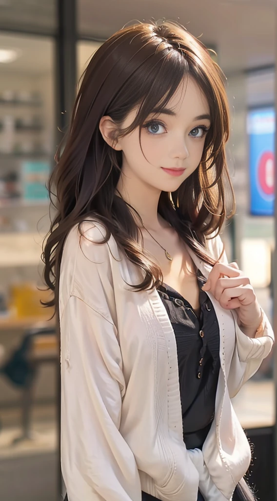 (masutepiece: 1.3), (max resolution: 1.2), (Ultra HDTV: 1.2), cinematric light, 8K resolution, Detailed eyes and skin, detailed facial features, Perfect limbs, Perfect fingers, Anatomically accurate body, Fingers in natural shape, Realistic texture, (Focus on the whole body:1.4), Perfect Style, (Beautiful face, kawaii eyes, Beautiful eyes, brown-eyed), acurate, Anatomically correct, Highly detailed facial and skin texture, Detailed eyes, Double eyelids, Thin eyebrows, Glitter Eyeliner, Natural cheeks, Glossy skin, Fair skin:1.2, (Glossy lips: 1.2), Looking at the camera, (#Slim waist), (Firm chest, huge udder:1.3), (White fluffy knitwear), (a short skirt, thigh visible), little blonde hair, ash colored hair, a smile, A slight smil, tomboy