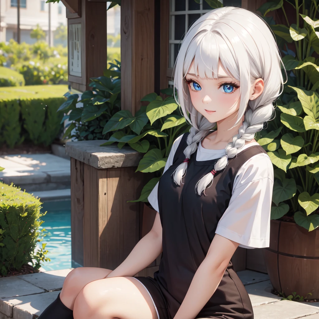 braid, ((short bangs:1.4)), (white hair), (best quality:1.3), (highres1.3), (clear1.3), (8k:1.3), masterpiece, (detailed:1.1), 1girl, beautiful detailed eyes, beautiful detailed lips, extremely detailed eyes and face, long eyelashes,, blue eyes, shy smile, perfect proportion, face close up, slender body, t-shirt,