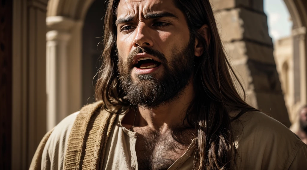a Jesus Christ with a beard and face, Jesus Christ sad about the wars of the world, he is screaming, Jesus of Nazareth our savior