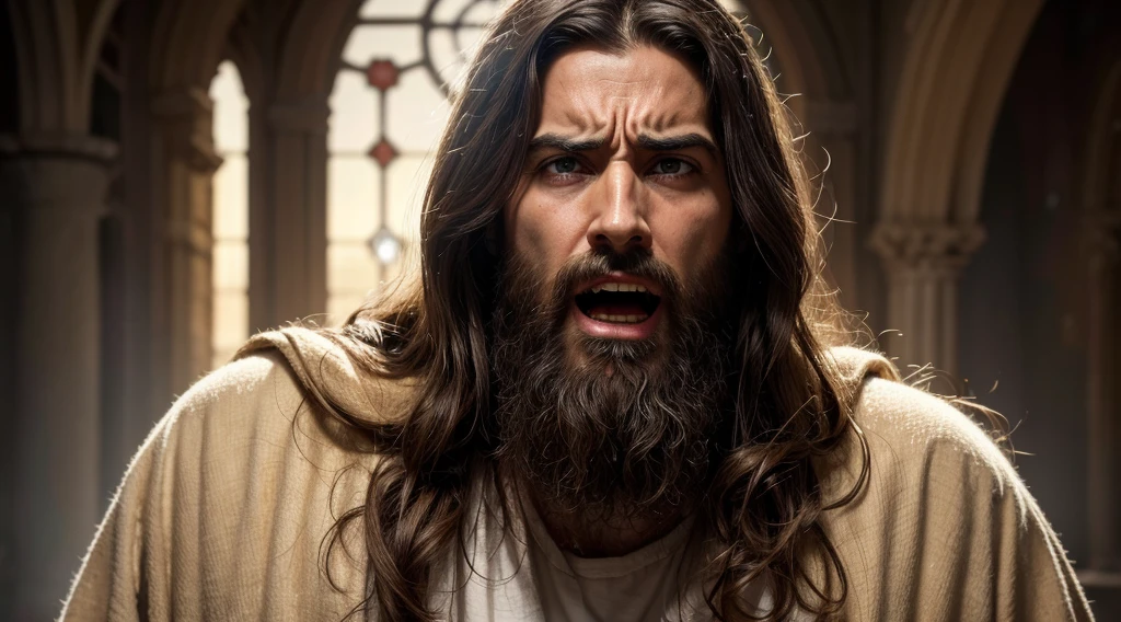 a Jesus Christ with a beard and face, Jesus Christ sad about the wars of the world, he is screaming, Jesus of Nazareth our savior