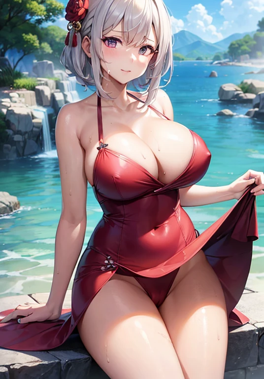((((masutepiece, Best Quality, High resolution)))), 1girl in, White hair, Purple eyes, short wavy hair, average breasts, blush, lightsmile, Parted lips, Glow, thighs thighs thighs thighs, Bare shoulders, 鎖骨, Narrow waist, cleavage, (beautifull detailed face, Beautiful detailed eyes), Onsen, Naked, Dripping wet, Wet towel