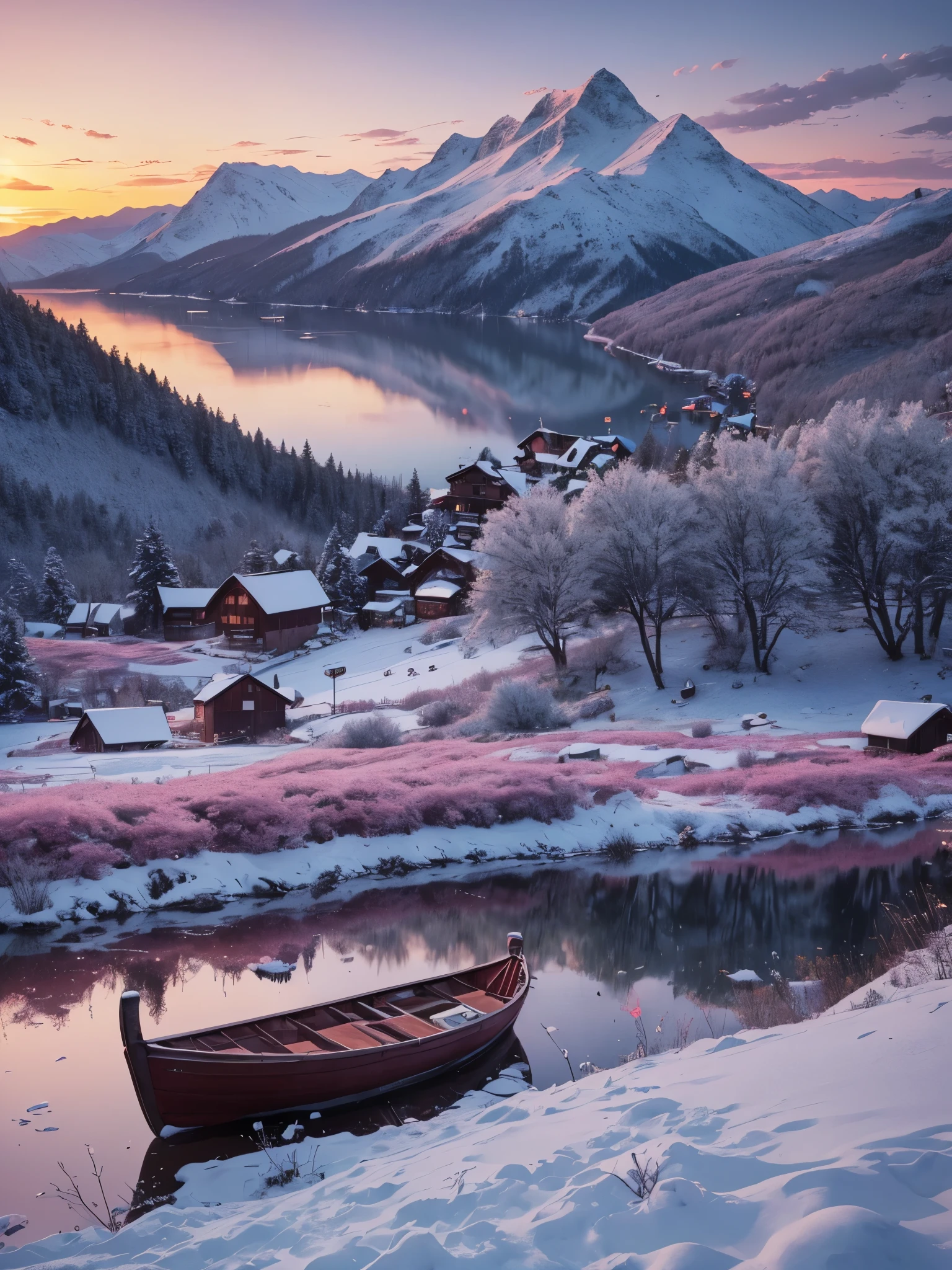 anime, no_humans, (masterpiece, best quality:1.2), 32k uhd, highres, ultra-detailed, hill station, lake, small village, winter, snow, boat closeup, side view, mountains in distance, flowers, deep red sunset, neutral density, after rain, colorful, hdr