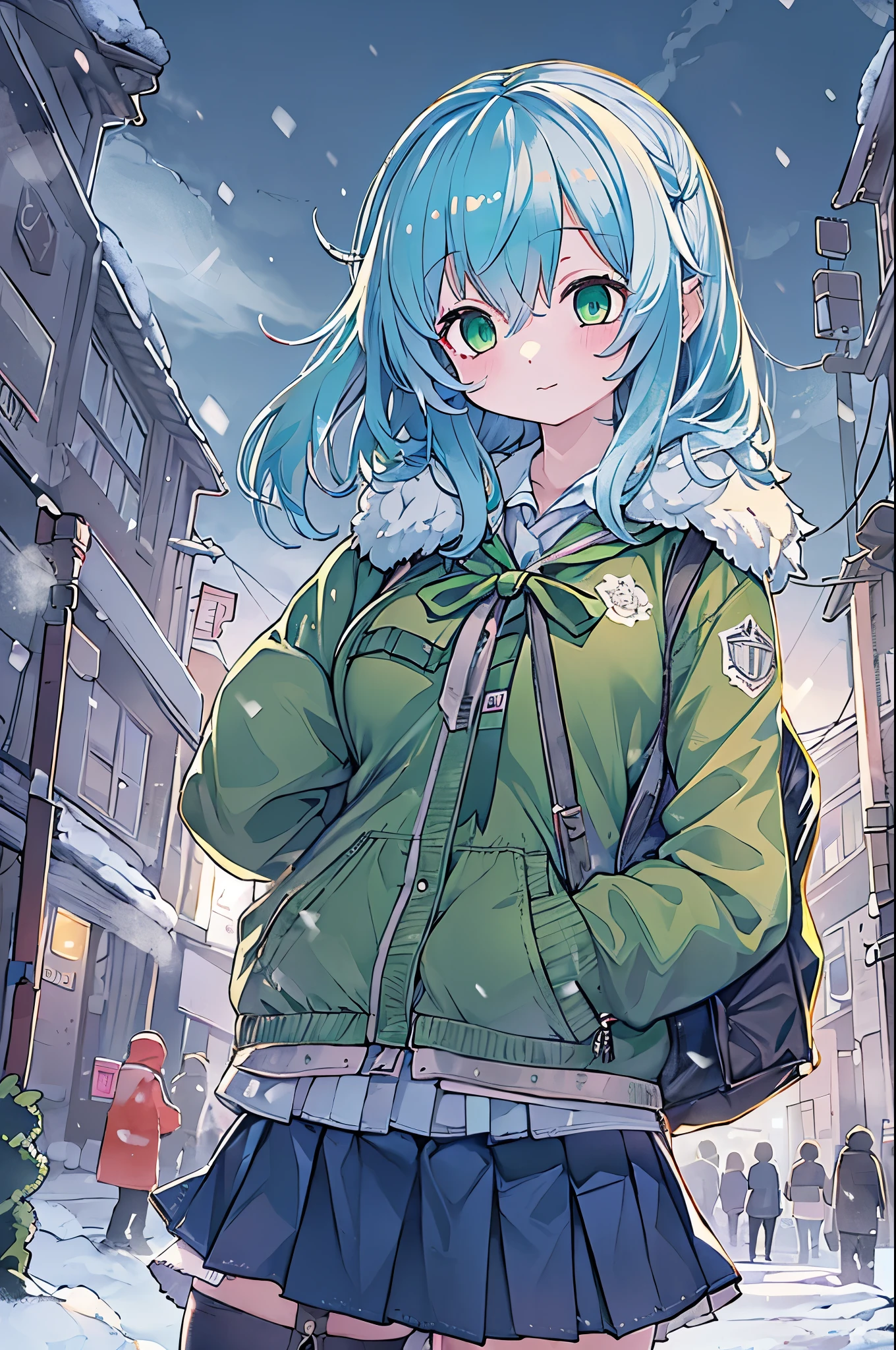 Best Quality,超A high resolution,1girl in,Solo,Full body,Snow,city,, Blue hair,Green eyes,nffsw,School uniform,