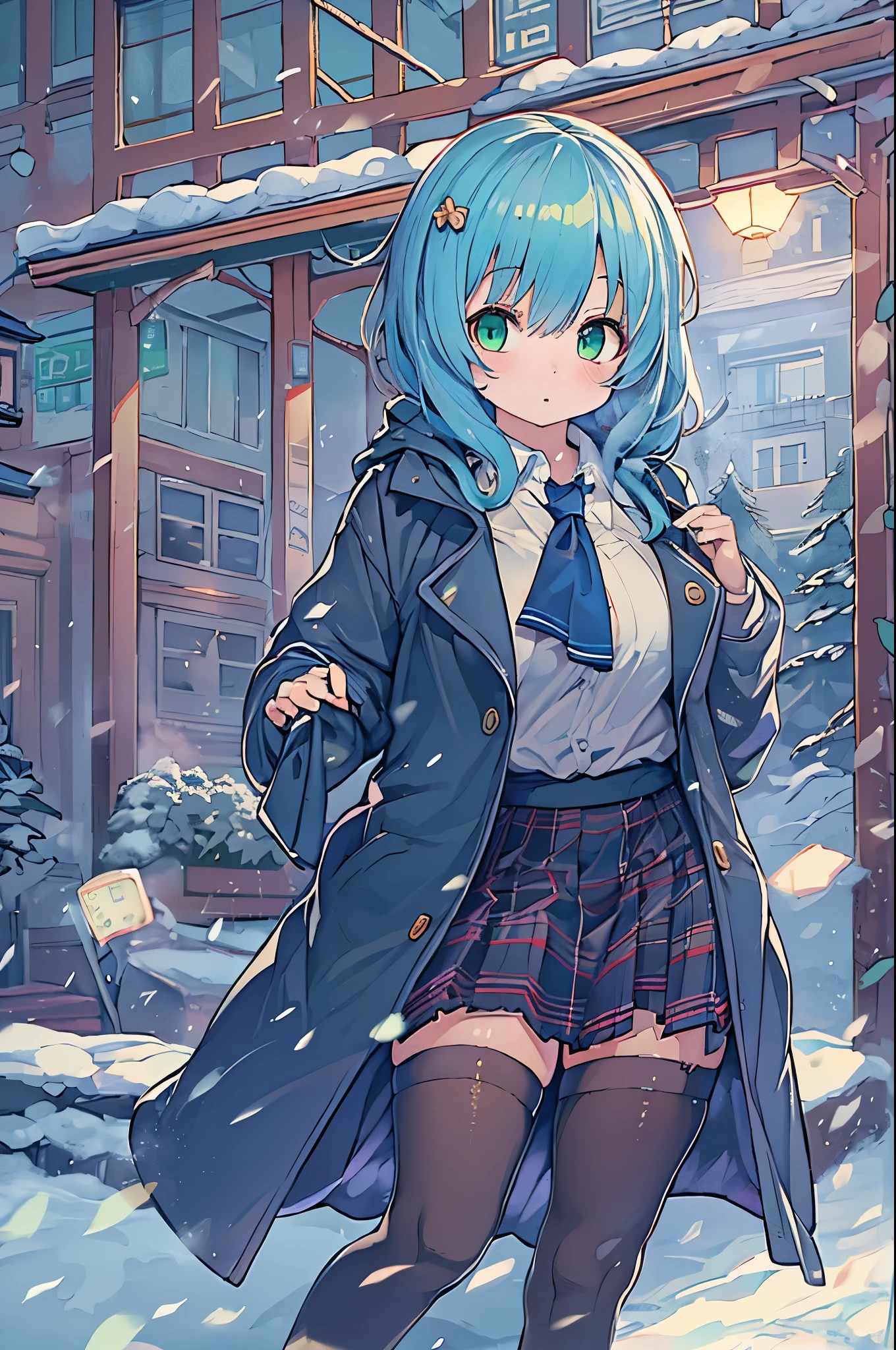 Best Quality,超A high resolution,1girl in,Solo,Full body,Snow,city,, Blue hair,Green eyes,nffsw,School uniform,