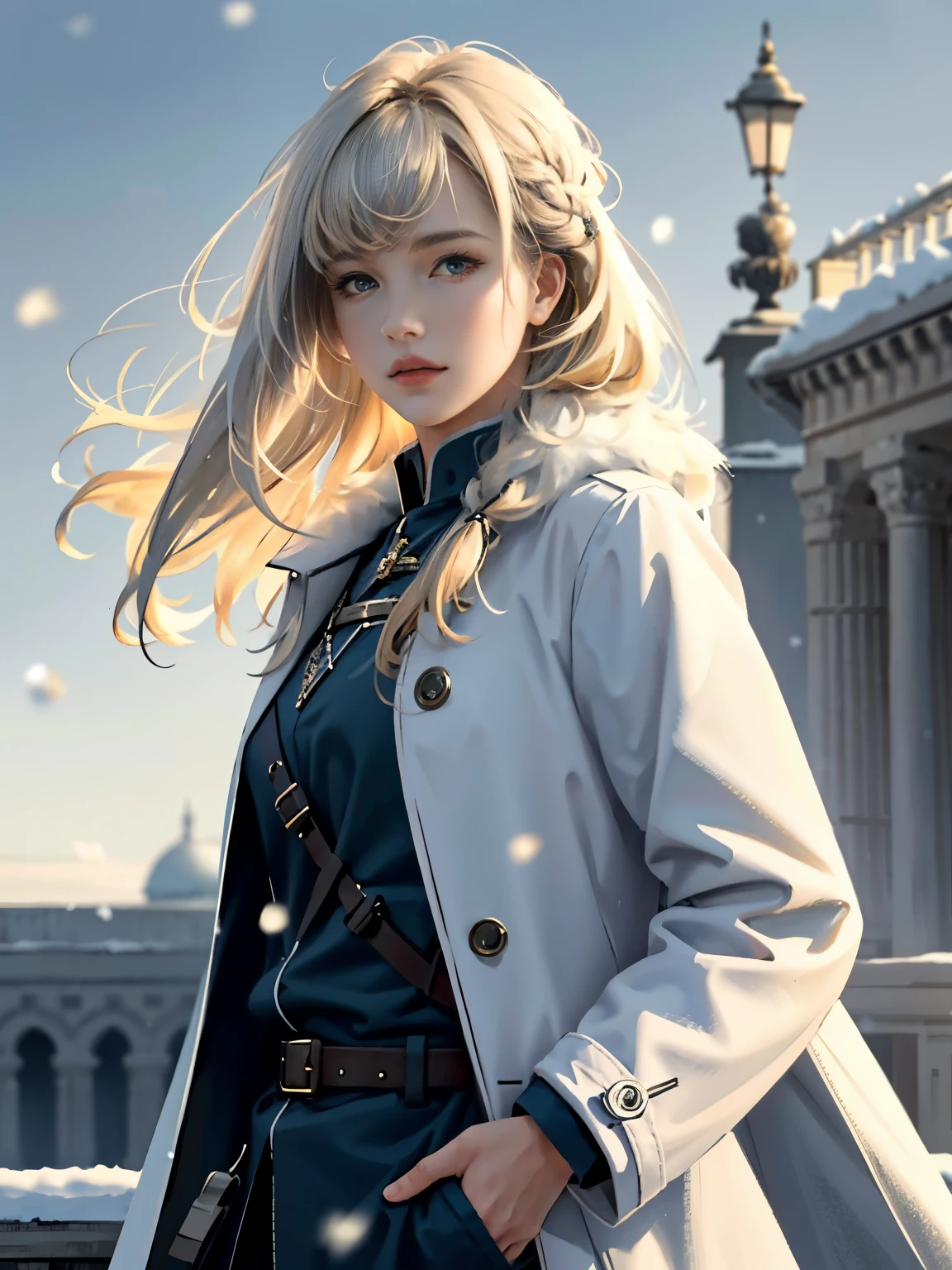 (highest resolution, distinct_image) Best quality, single person, one girl, solo, masterpiece, highly detailed, semi realistic, long hair, braided white blond hair, bangs, blue military uniform, depth of field, outdoor background, falling snow, gentle, authoritative, dignified, calm and powerful expression, ambient lighting, exquisite facial features, fur trimmed white coat, open coat, looking at viewer, head to waist, in a terrace of a monumental building, (((front bangs))), dynamic angle