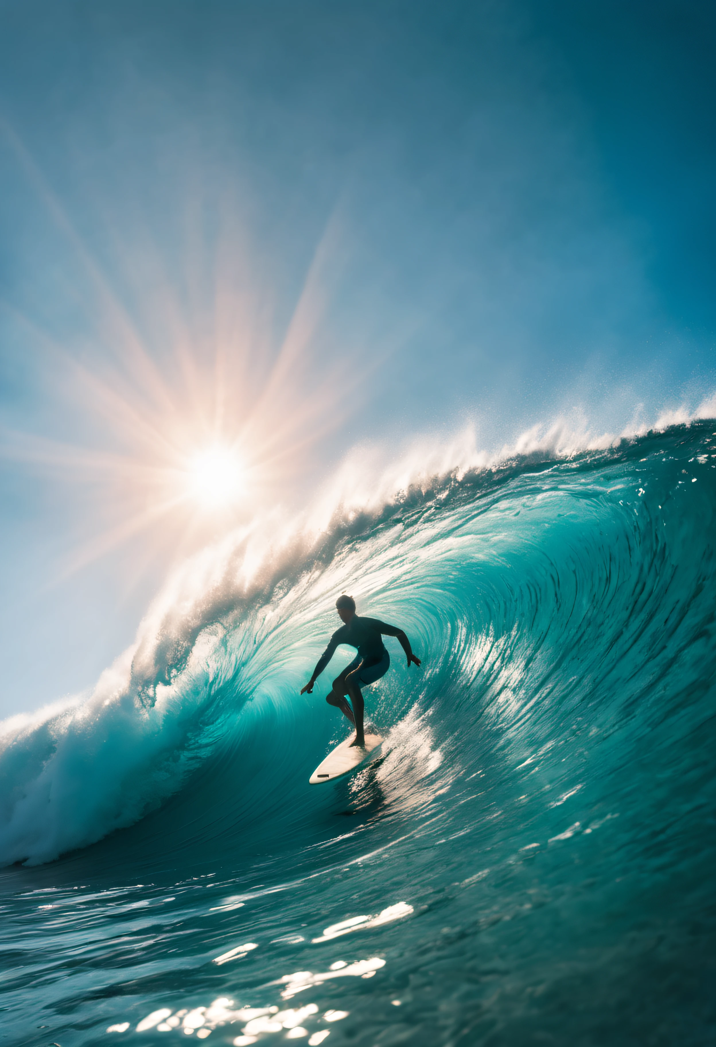 A hawaiian scene with a surfer riding a turquoise wave in cinematic lighting, sun through the water