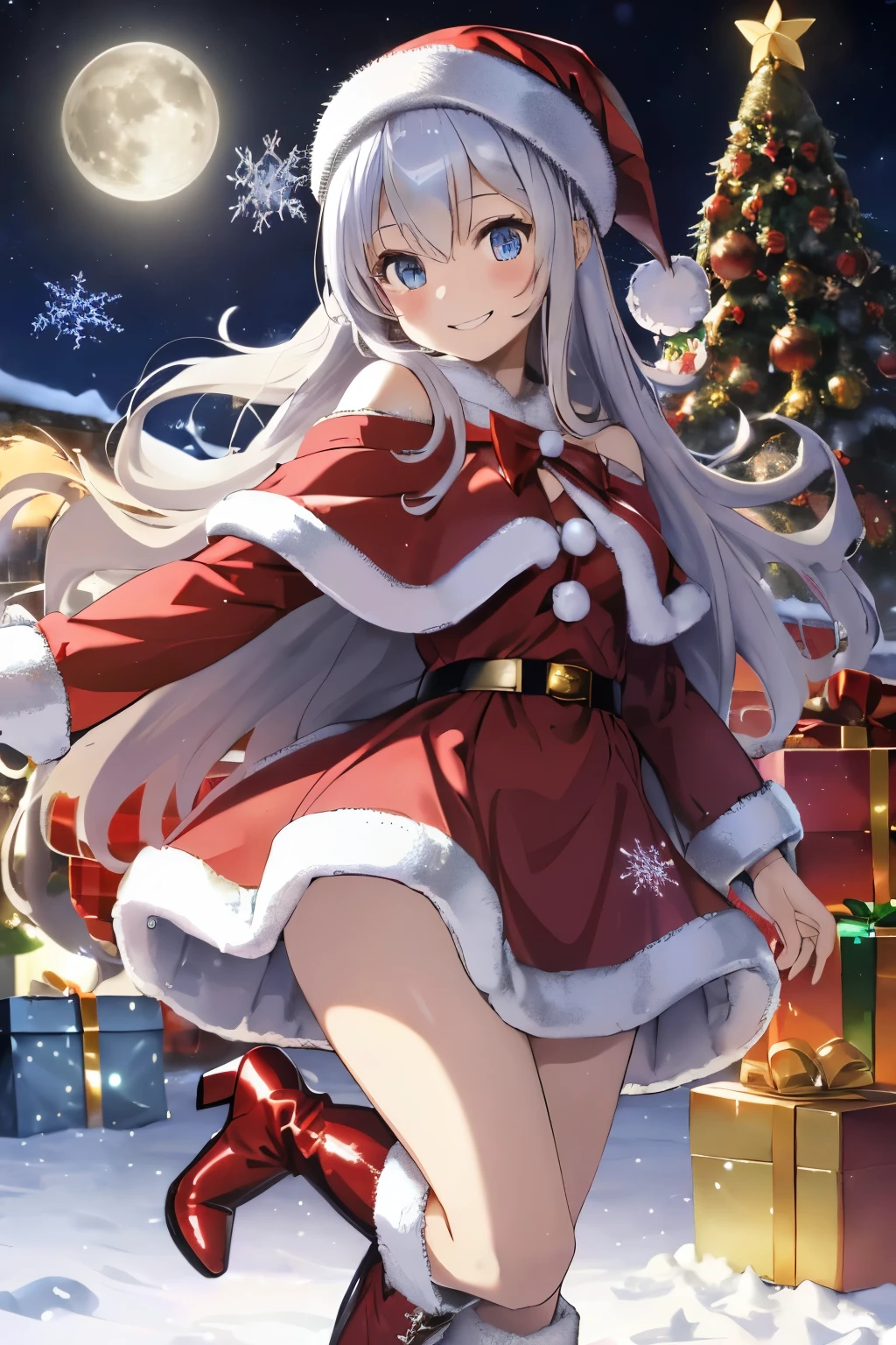 (shiny silver hair),(Fluffy long hair with curls),(Blue eyes),(With bangs),Slight red tide,(A happy smile),(Fluffy and luxurious Santa costume like a dress),(Santa costume style maid outfit),(Long boots with pin heels),(A night when the moon shines beautifully),(Holy Night),(Snow is piled up),(Colorful and beautiful Christmas illuminations),(Extra large luxury Christmas tree),(🎄),(They are having fun with their arms outstretched),(A fluffy and fluffy cape is draped over his shoulders.),(lots of christmas presents),