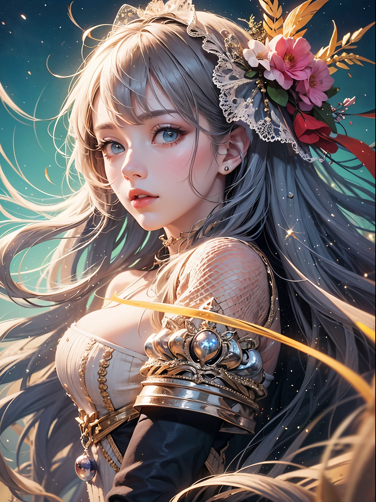 art, Unity 8k壁纸, Ultra-detailed, Beautiful and aesthetically pleasing, (s fractal art: 1.3),  flower, girls, (Hairstyles: Long hair) Ocean, Extremely detailed, Cowboy shot, The most beautiful, Seafoam, Buble, cute big breasts, ultra quality, random background, random dress, --auto --s2