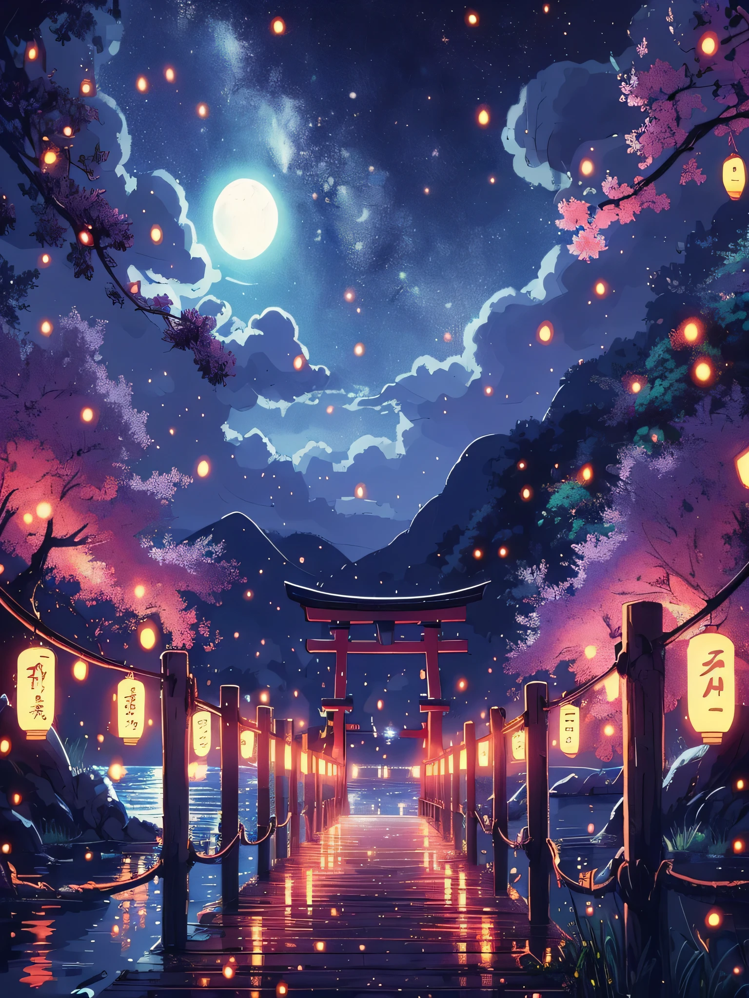 Draw anime lofi high resolution scene 16mm view of torii surrounded by fireflies on a bridge on a lake, sakura trees, full moon night, reflection, starry cloudy wide open sky, ambient dim, lanterns hanging on bridge, light, vibrant colors, peaceful, natural color tones, cloudy sky, beautiful color palette, vibrant saturated colors, masterpiece, no human