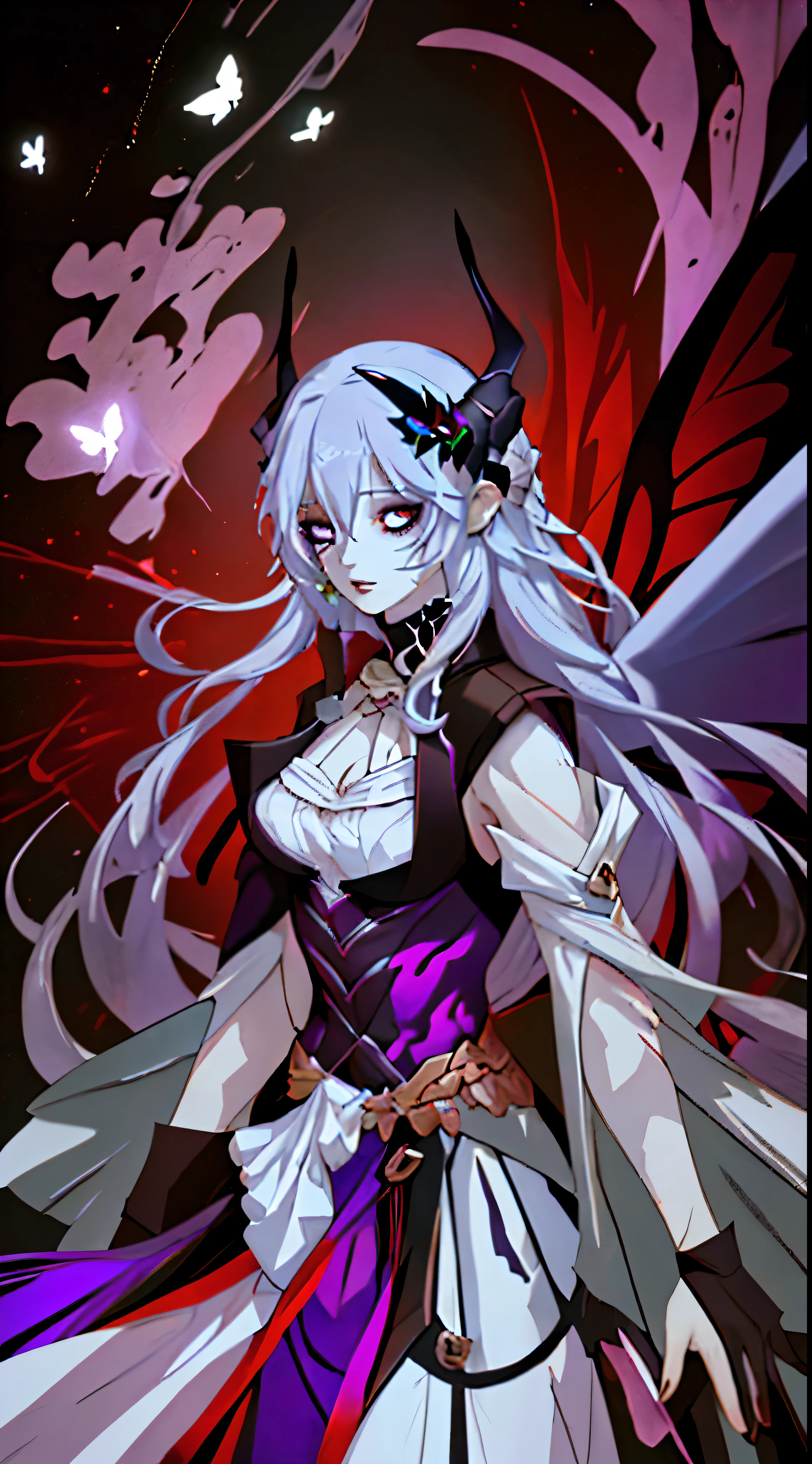 Queen of the Dark Elves，Hordes of the Undead，Long white hair，black purple butterfly wings，There are long horns on the head，Wearing a dark purple evening gown