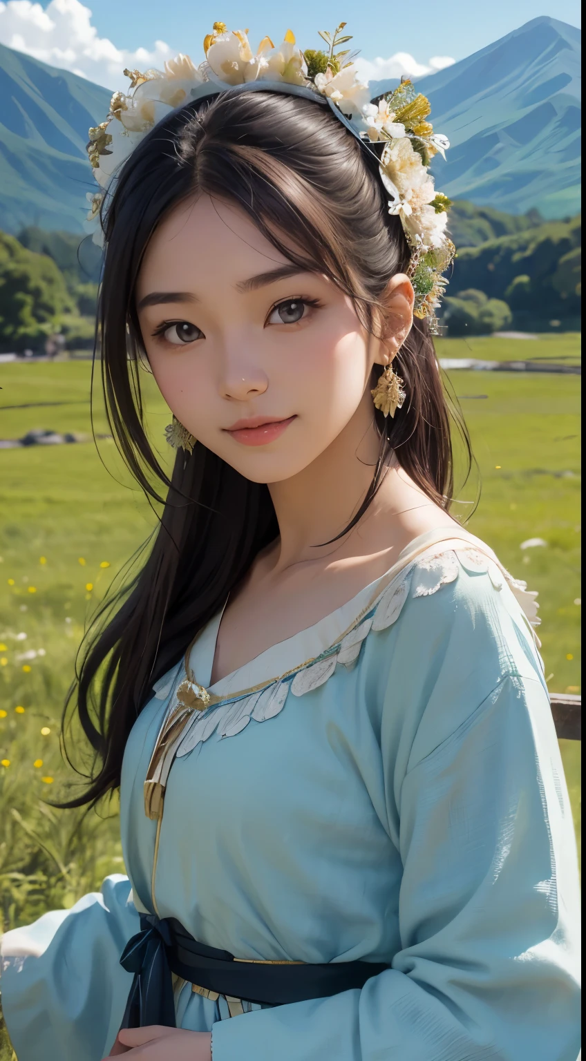 beautiful girl in a primitive costume made of hemp, upper body, (front face:1.2), (front view:1.3), photo, an extremely delicate and beautiful, extremely detailed, Amazing, extremely detailed skin, (18 years old:1.2), cute girl, famous Japanese idol, kawaii, fair skin, shiny skin, chin thin, smile, cute, young, extremely detailed nose, extremely detailed mouth, cute face, realistic face, beautiful views, japan, nature, grass field, mountain, elegant atmosphere, Magnificent landscape, outdoors, blue sky