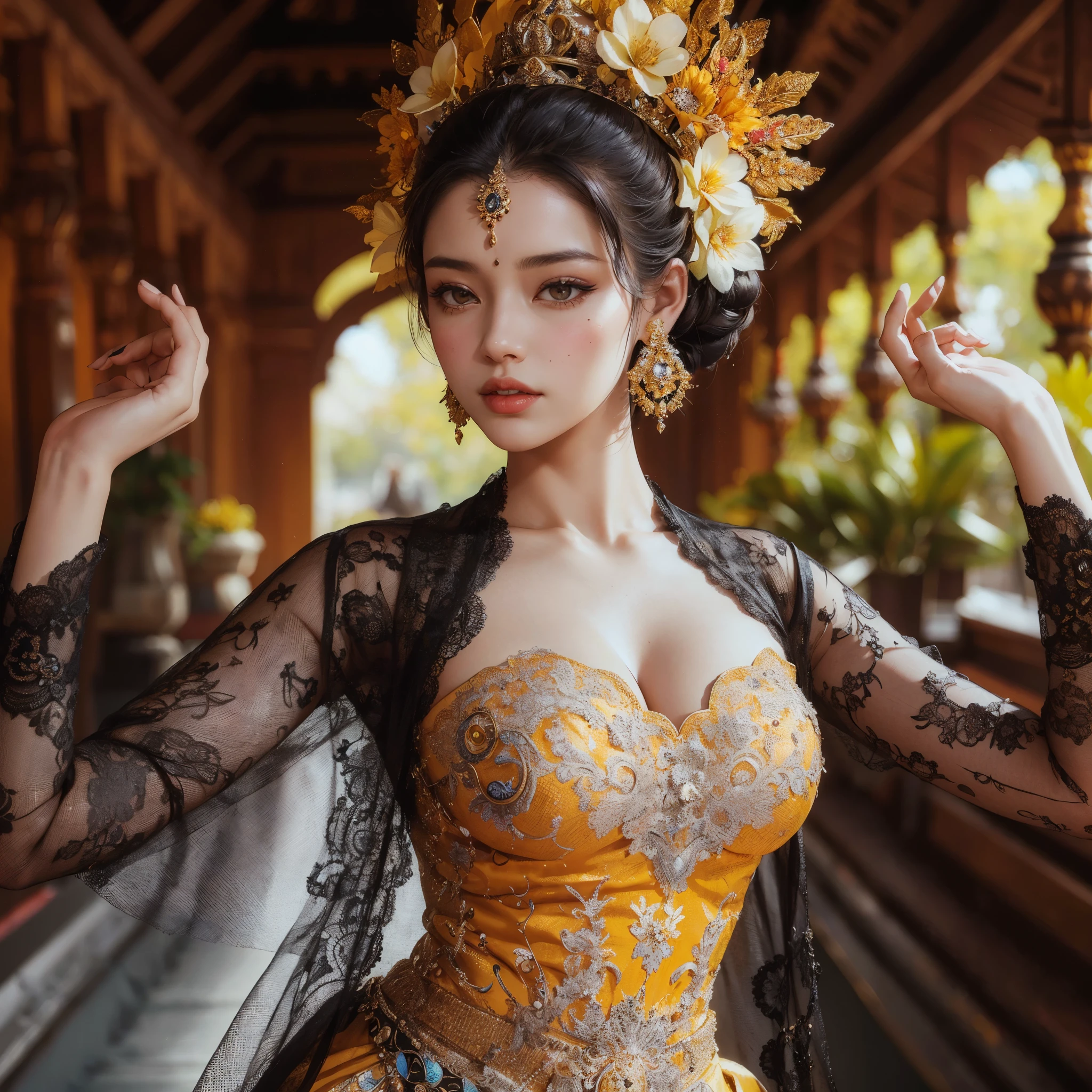 araffe woman with medium breast in a yellow and black dress with a flower in her hair, traditional beauty, wearing an ornate outfit, wearing ornate clothing, ornate , intricate outfit, beautiful oriental woman, beautiful costume, traditional makeup, ornate attire, bali, 8k)), gorgeous woman, a beautiful fantasy empress, with beautiful exotic, ((a beautiful fantasy empress)), ornate dress, araffe woman in a yellow and black dress with a flower in her hair, traditional beauty, wearing an ornate outfit, wearing ornate clothing, ornate , intricate outfit, beautiful oriental woman, beautiful costume, traditional makeup, ornate attire, bali, 8k)), gorgeous woman, a beautiful fantasy empress, with beautiful exotic, ((a beautiful fantasy empress)), ornate dress masterpiece, best quality:1.2),,(8k,highres,RAW photo,realistic,photo-realistic:1.3),(detailed skin texture,detailed cloth texture,beautiful detailed face:1.25),professional lighting,photon mapping,beautiful soft light,radiosity,physically-based rendering,raytracing, model shoot style, model shoot style, (extremely detailed CG unity 8k wallpaper), full shot body photo of the most beautiful artwork in the world,
