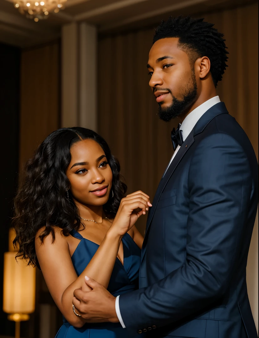 "A African American man with beard dancing with a natural hair African woman at all black gala. His sharp all Blue suit. Her sharp blue dress. The chiaroscuro lighting casts dramatic dark shadows, emphasizing his power and wealth in urban Washington DC"