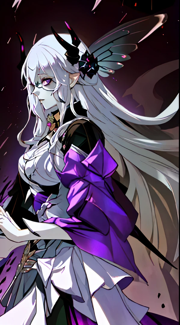 Queen of the Dark Elves，Hordes of the Undead，long  white hair，black purple butterfly wings，Long horns on the head，Wearing a dark purple long skirt and evening dress