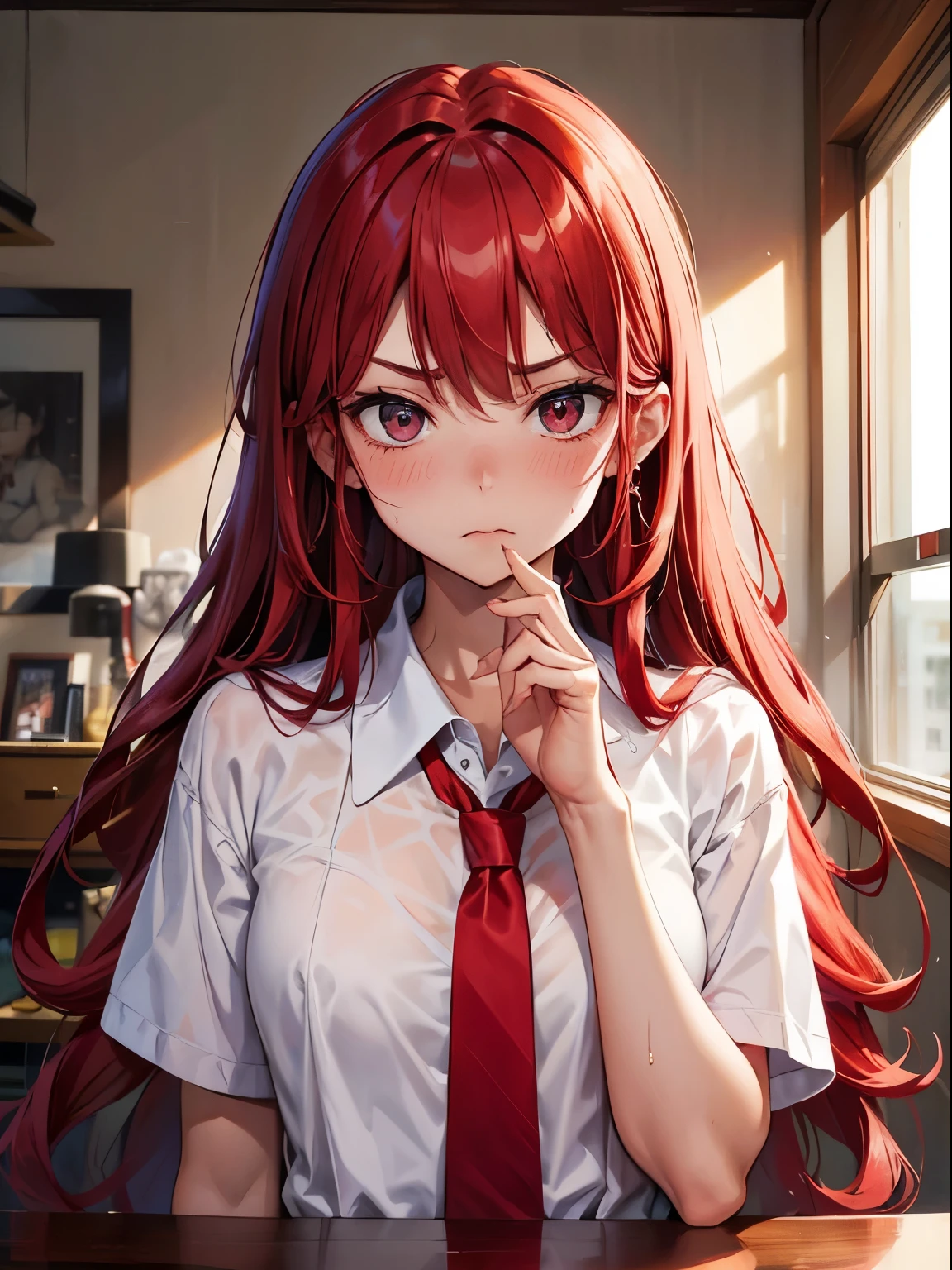 red hairs、Long hair、Bedroom、earringlushing:1.6), (sulking:1.3), Sweat on the cheekeautiful face), (Beautiful Girl), (Pretty girl), Innocent, Meet face to face clearly,white  shirt、red necktie