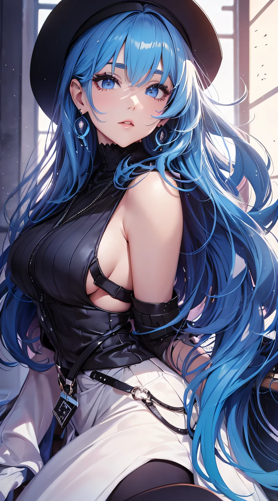 top-quality、Top image quality、​masterpiece、 girl((White shirt、Long black trousers、18year old、 Ager、Best Bust、big bast,Black eyes, blue hairs、A slender,Large valleys、red lipstick makeup、Cute earrings、銀の腕時計、Bring your chest together、Sit up、Seduction poses、blue eye shadow)),hiquality、Beautiful Art、Background with((white walls、Photography Studio))​masterpiece、depth of fields,Camera Film Style
