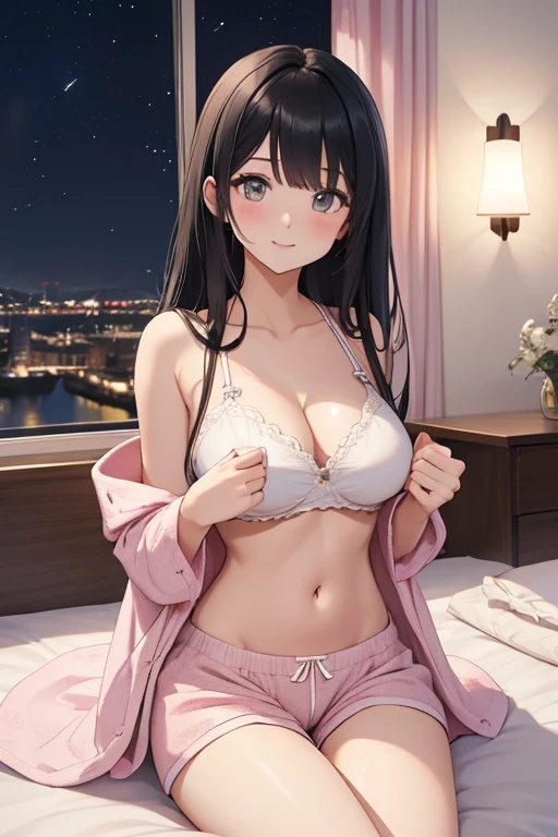 //Character
1girl, newlywed woman, slim and soft, medium large breast, ultra detailed face, super cute, innocent, pear-shaped face, thick eyeblow, sparkly pupils, translucent skin, smiling full of compassion, black hair, straight long hair , straight bang,
BREAK
//Fashion
Her outfit is sleepwear, fluffy pajamas, fluffy shorts, stunning tighs,
BREAK
//LOCATION
bed room , at home filled with warm air, (at night:1.6)
BREAK
// behavior
(lie on her abdomen:1.5), lifing her butt up, chillout time, looking at viewer grinning,
