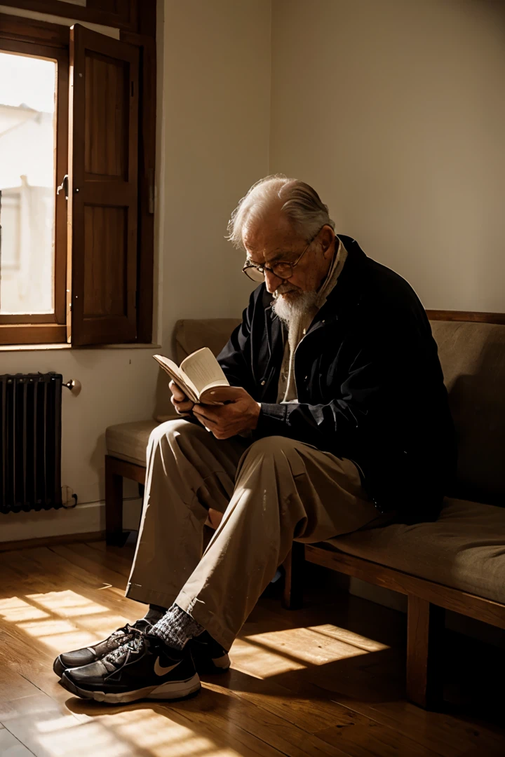 An old man reading a book in a silent environment