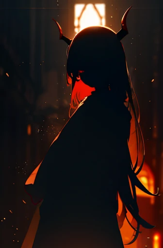 absurdres, 1girl, red eyes, long hair, wide-eyed, eyelashes, looking at viewer, cowboy shot, outdoors, silhouette horror theme, glowing eyes, concept art, backlighting, demon horns, particles, posing, solo