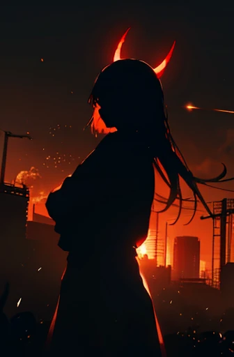 absurdres, 1girl, red eyes, long hair, wide-eyed, eyelashes, looking at viewer, cowboy shot, outdoors, silhouette horror theme, glowing eyes, concept art, backlighting, demon horns, particles, posing, solo
