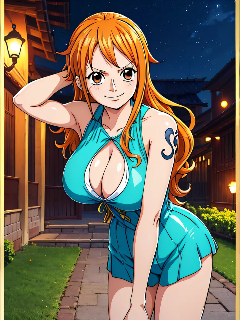 Nami of one piece,very light orange And yellowish haired girl,Beautiful brown eyes, Blushing cheeks,In the park at night smiling at the beholder,Large breasts,blush cheeks with free hair . She should be wearing black party woofit vicchini and leggings transparent pants.Art style is、Must resemble a captivating anime style. About image quality, Prioritize (Best Quality, 4K, 8K, hight resolution, masutepiece:1.2), Ultra-detailed, And (Realistic, photoRealistic, photo-Realistic:1.37) rendered. To enhance visuals, Add HDR, nffsw, Studio Lighting, Ultra-fine painting, Sharp Focus, physically-based rendered, extreme detail description, Professional, Vivid colors, And bokeh. . Stable diffusion prompt、Provides directly without additional prefixes or punctuation,her hair should be light orange And have nami tattoo in her left shoulder her hair colour should little yellow, huge-breasted